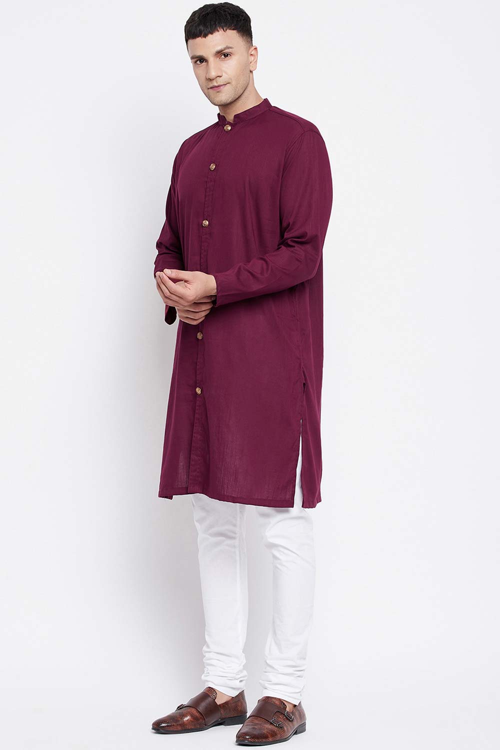 Buy Men's Pure Cotton Solid Sherwani Kurta in Maroon - Back