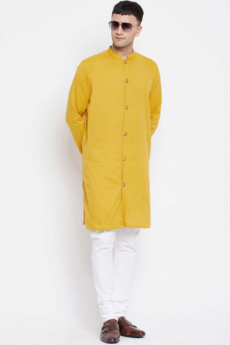 Buy Men's Pure Cotton Solid Sherwani Kurta in Yellow - Front