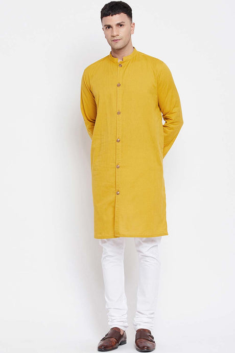 Buy Men's Pure Cotton Solid Sherwani Kurta in Yellow