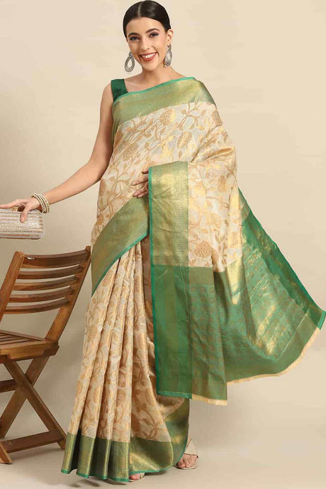 Buy Beige Tusser Art Silk Floral Printed Banarasi Saree Online