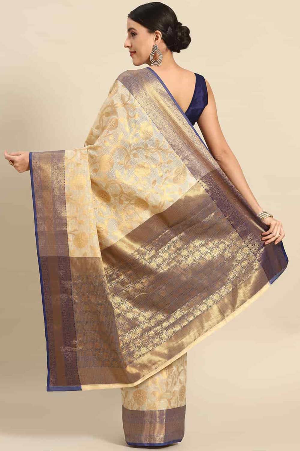 Buy Beige Tusser Art Silk Floral Printed Banarasi Saree Online