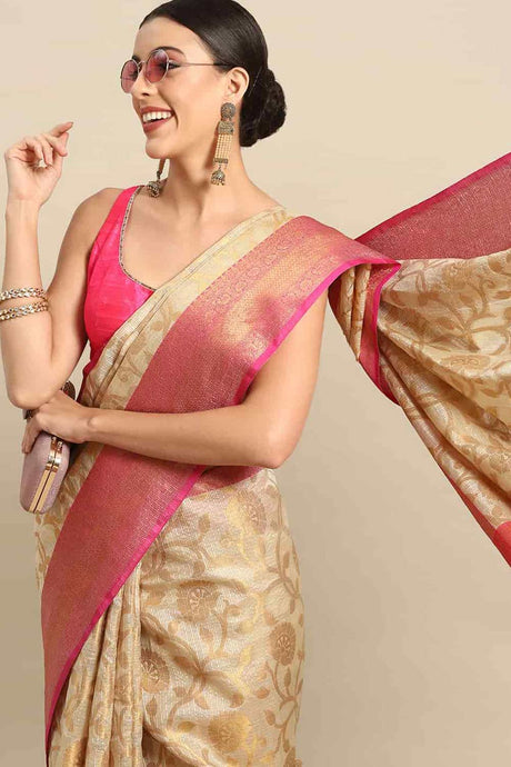 Buy Beige Tusser Art Silk Floral Printed Banarasi Saree Online