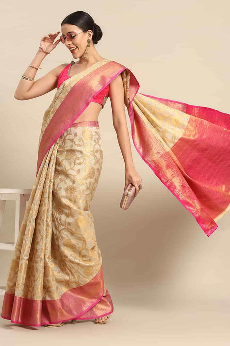 Buy Beige Tusser Art Silk Floral Printed Banarasi Saree Online