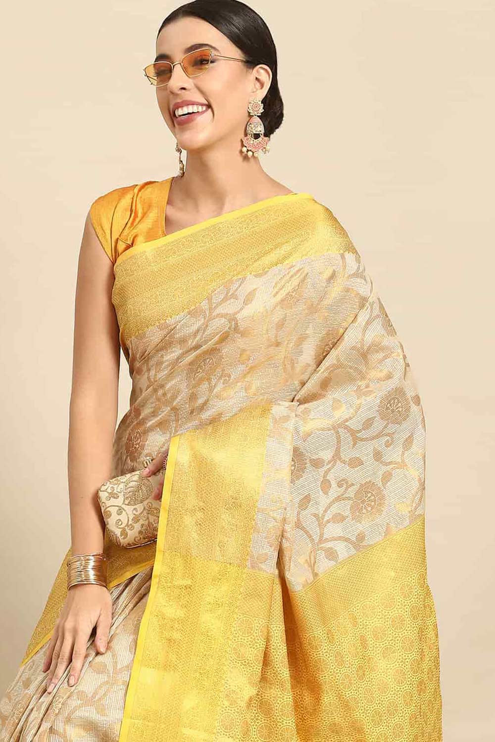 Buy Beige Tusser Art Silk Floral Printed Banarasi Saree Online