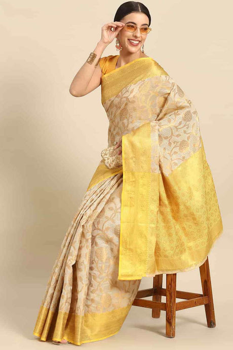 Buy Beige Tusser Art Silk Floral Printed Banarasi Saree Online