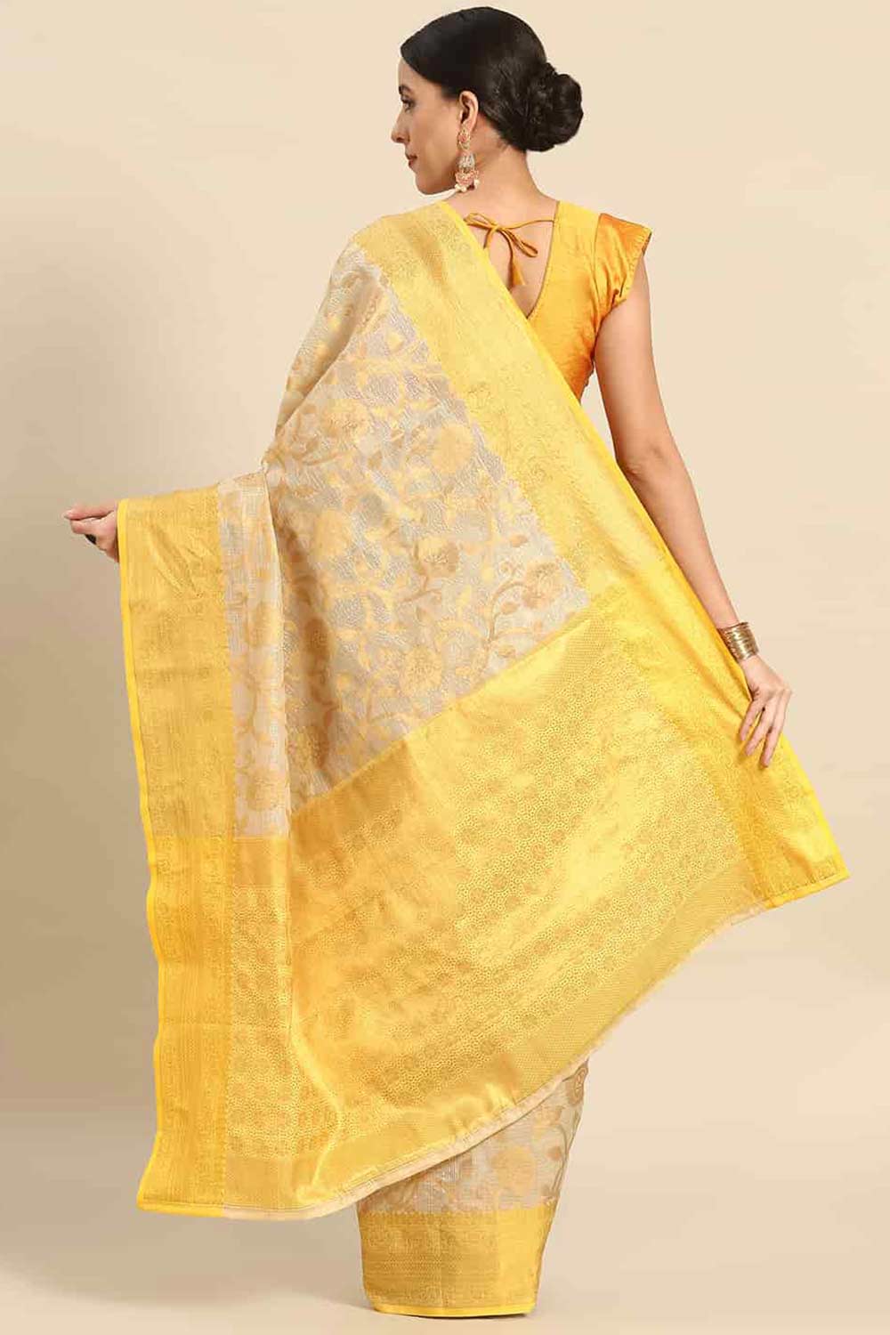 Buy Beige Tusser Art Silk Floral Printed Banarasi Saree Online