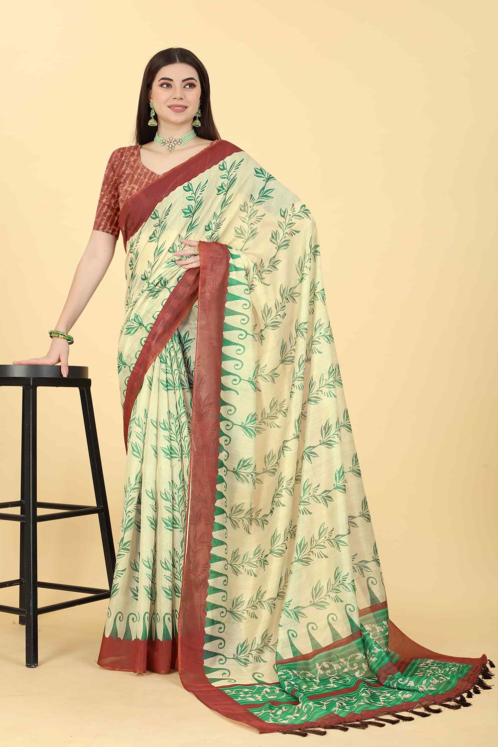 Beige Printed Cotton Blend Saree