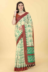 Beige Printed Cotton Blend Saree