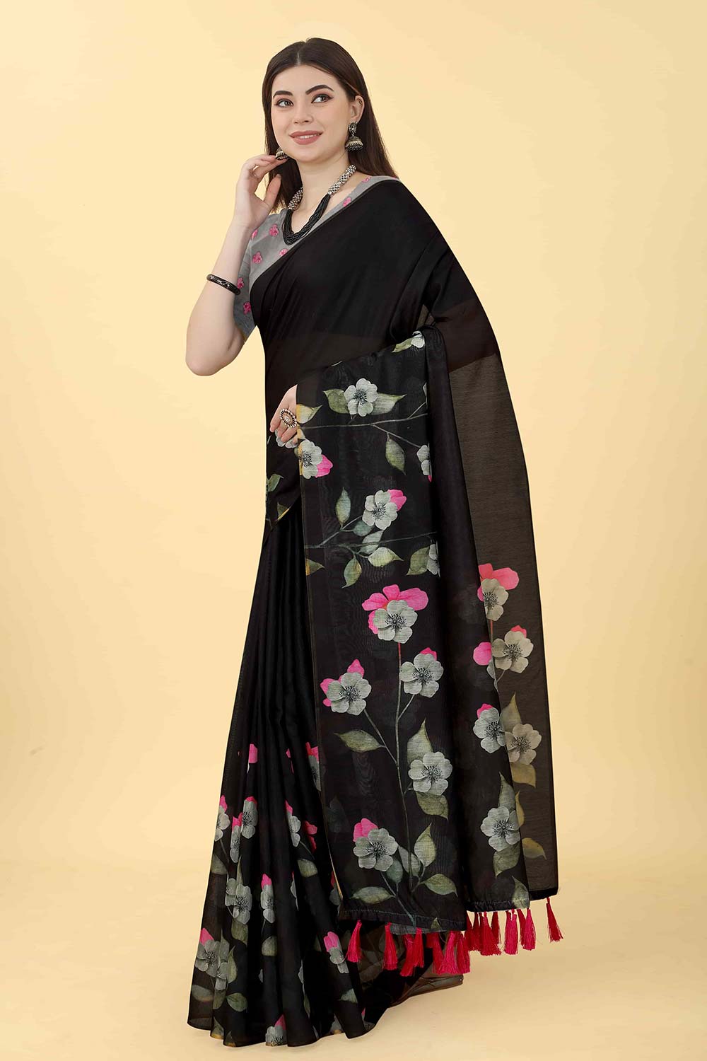 Black Printed Cotton Blend Saree