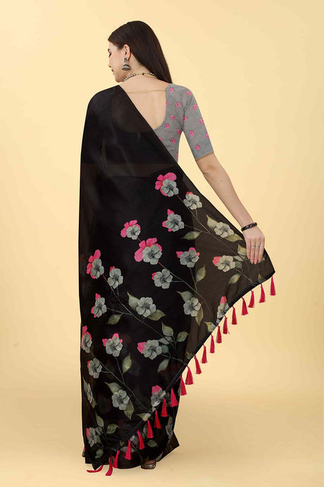 Black Printed Cotton Blend Saree