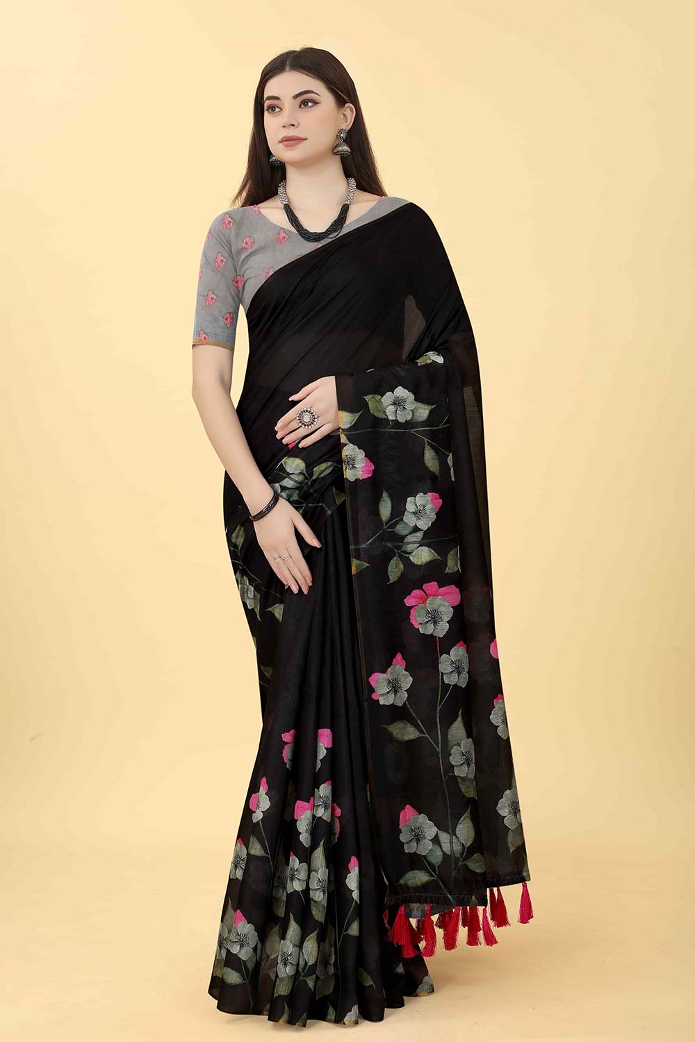 Black Printed Cotton Blend Saree