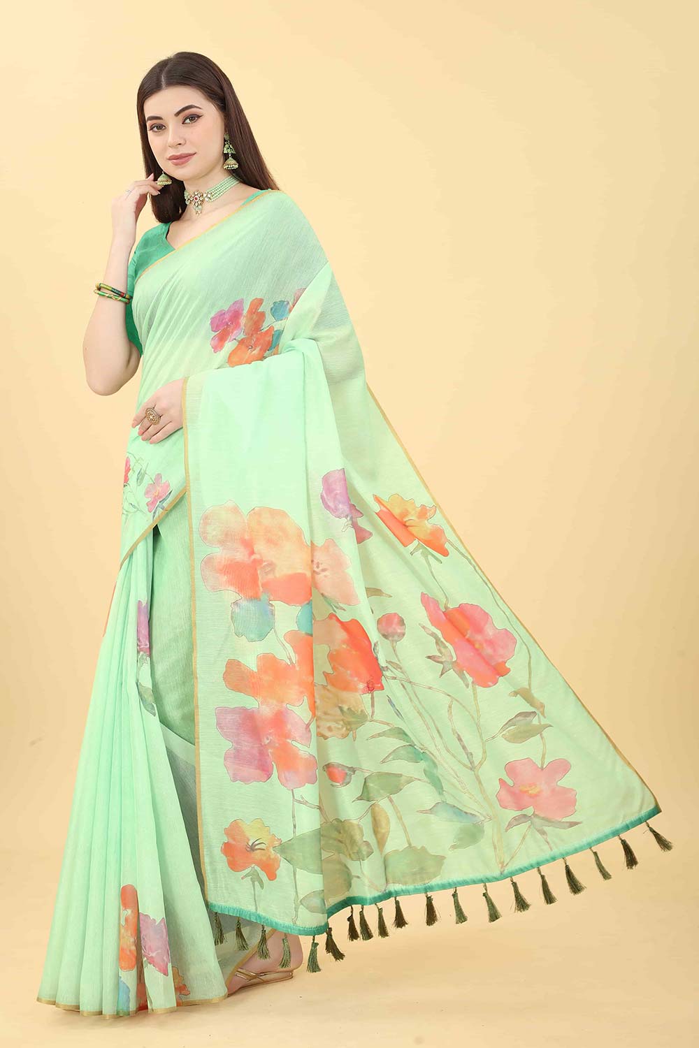 Sea Green Printed Cotton Blend Saree