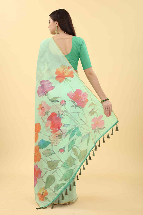 Sea Green Printed Cotton Blend Saree