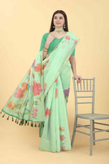 Sea Green Printed Cotton Blend Saree