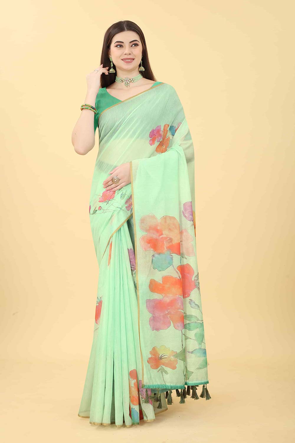 Sea Green Printed Cotton Blend Saree