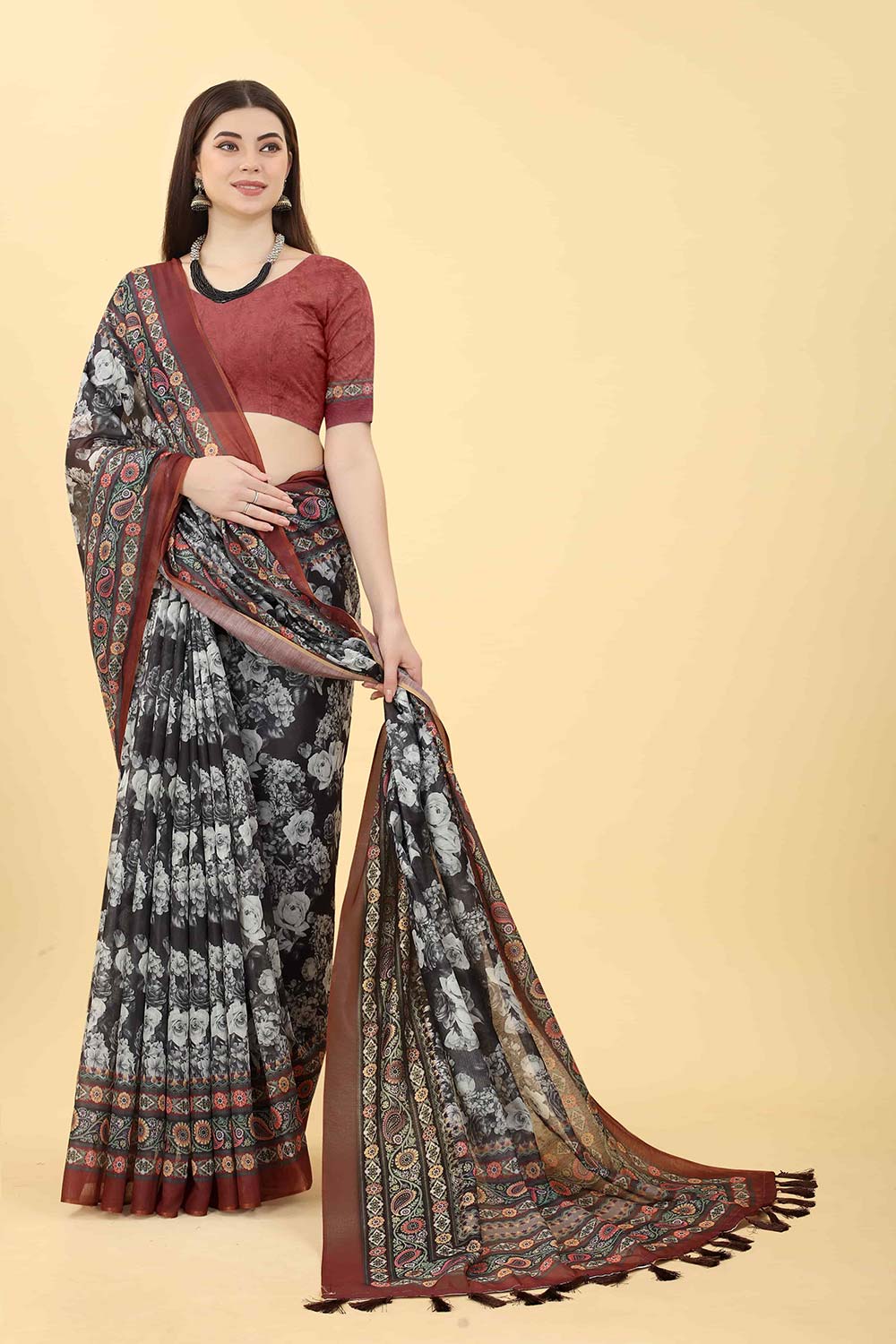 Multi Printed Cotton Blend Saree