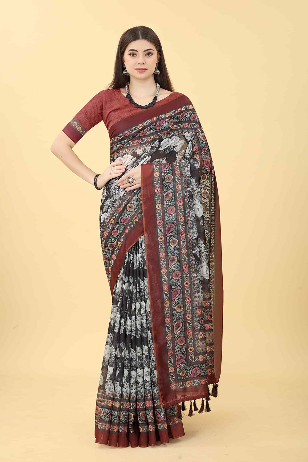 Multi Printed Cotton Blend Saree