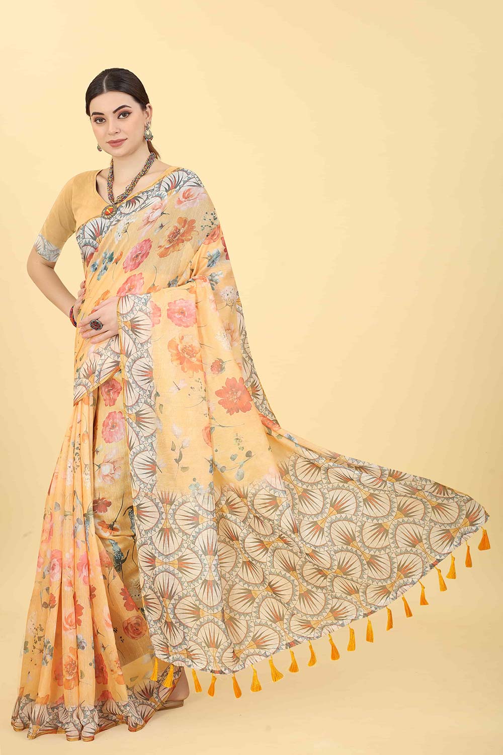 Peach Printed Cotton Blend Saree