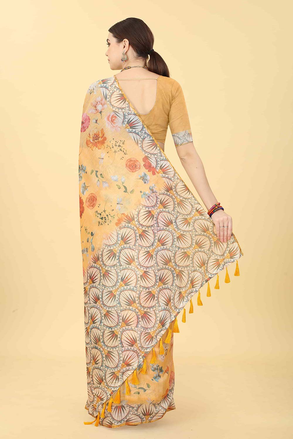 Peach Printed Cotton Blend Saree