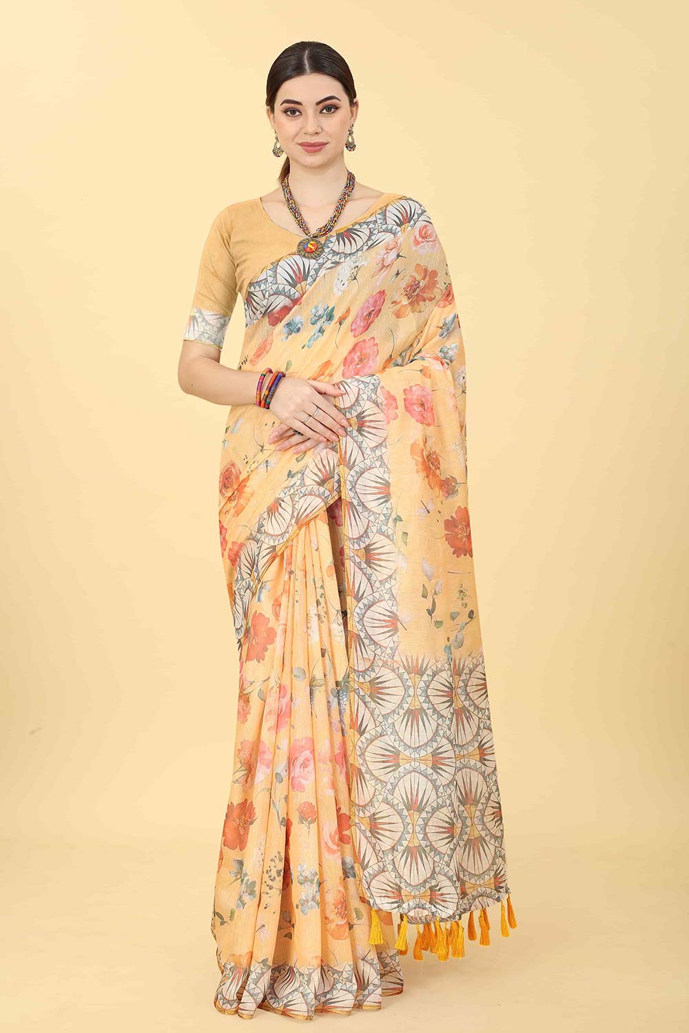 Peach Printed Cotton Blend Saree