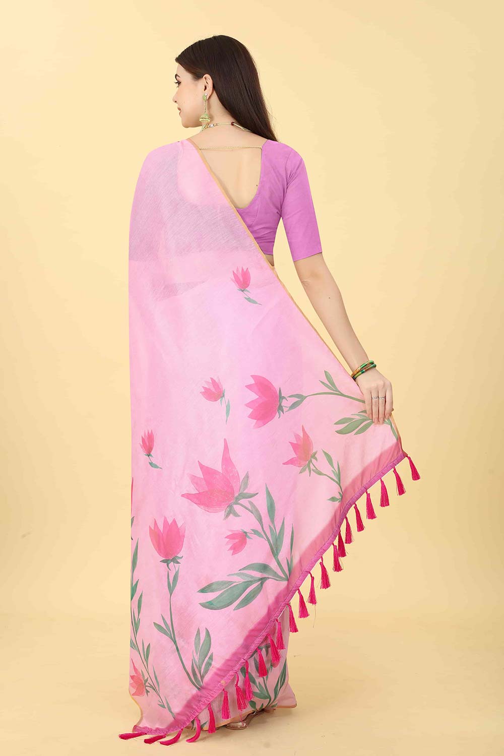 Pink Printed Cotton Blend Saree