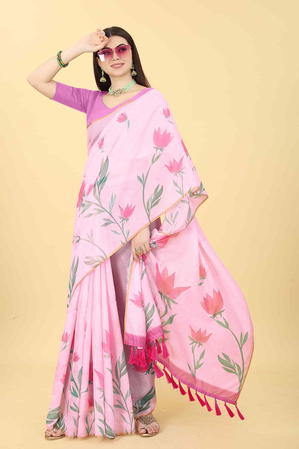 Pink Printed Cotton Blend Saree