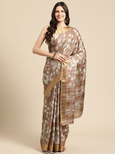 Brown Soft Silk Digital Print Saree