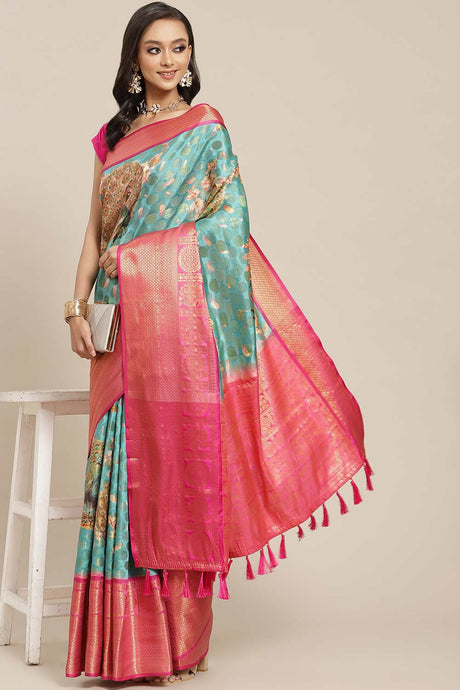 Buy Teal Soft Art Silk Floral Printed Banarasi Saree Online