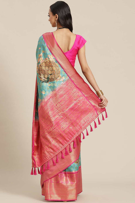 Buy Teal Soft Art Silk Floral Printed Banarasi Saree Online