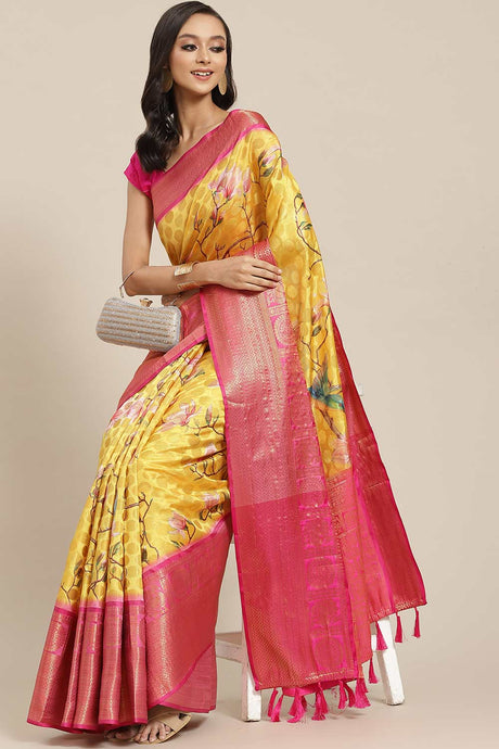 Buy Yellow Soft Art Silk Floral Printed Banarasi Saree Online