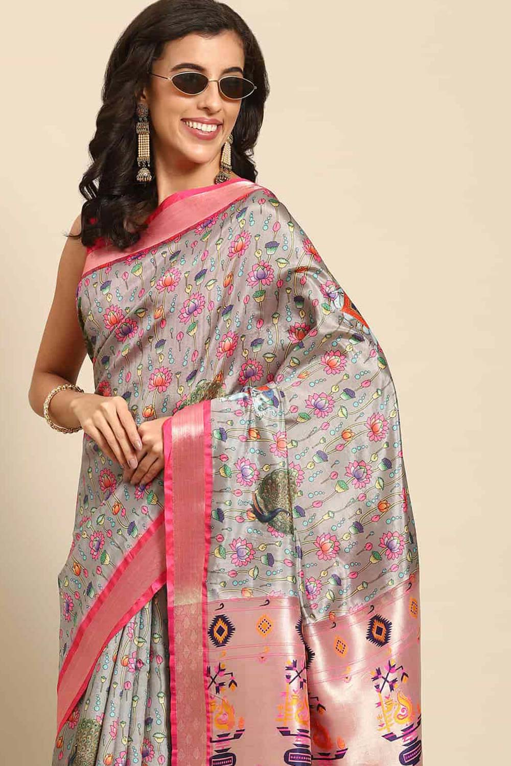 Grey Zari Art Silk Saree