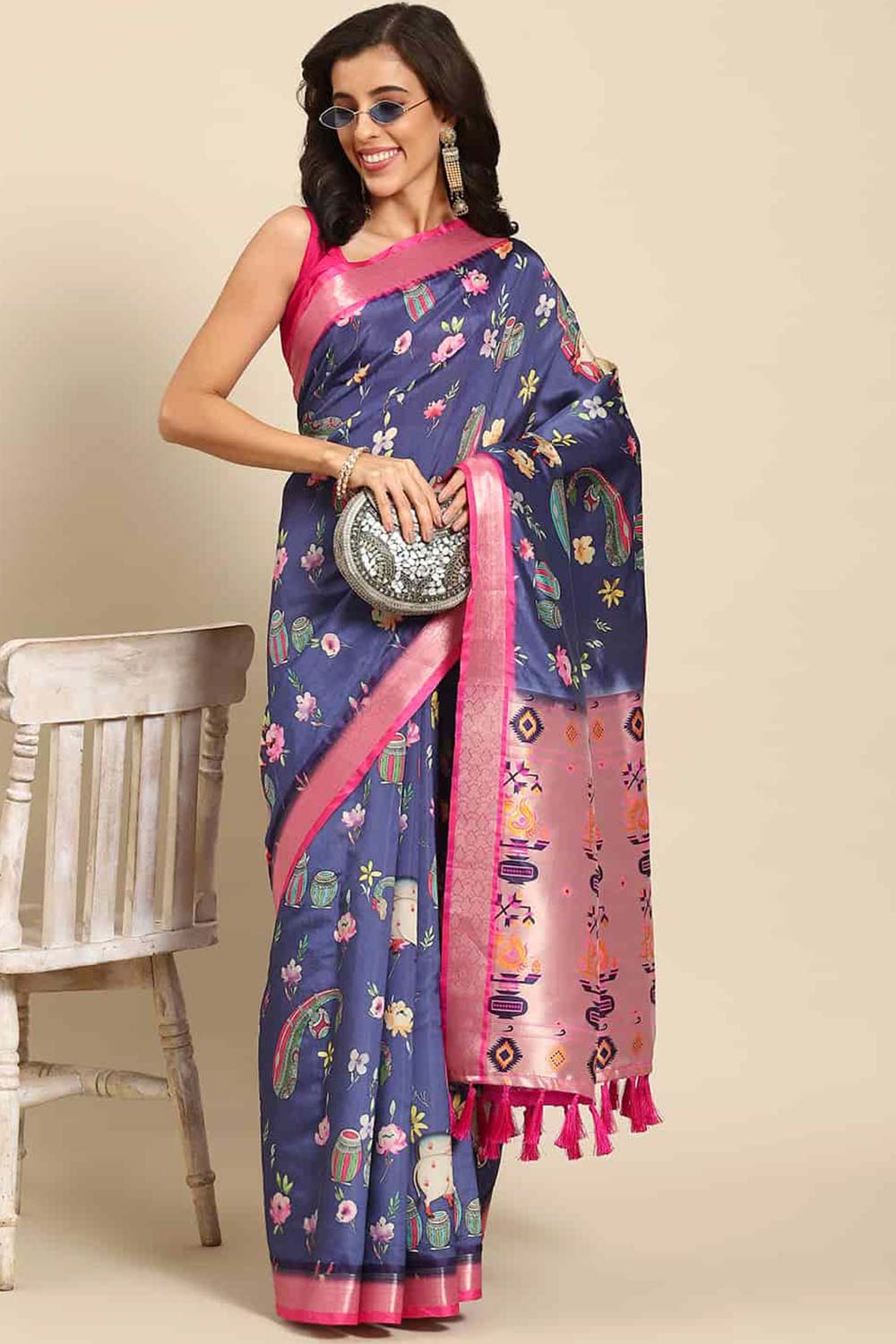 Navy Blue Zari Art Silk Saree