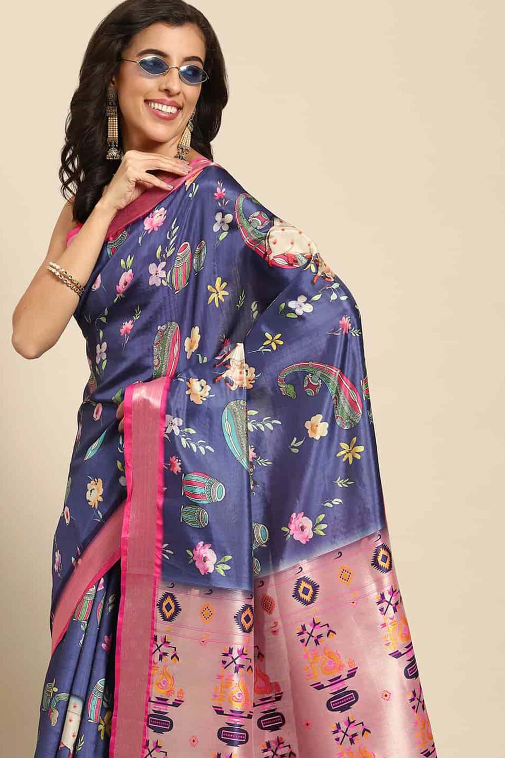 Navy Blue Zari Art Silk Saree