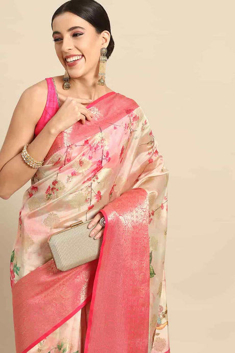 Buy Pink Soft Art Silk Floral Printed Banarasi Saree Online