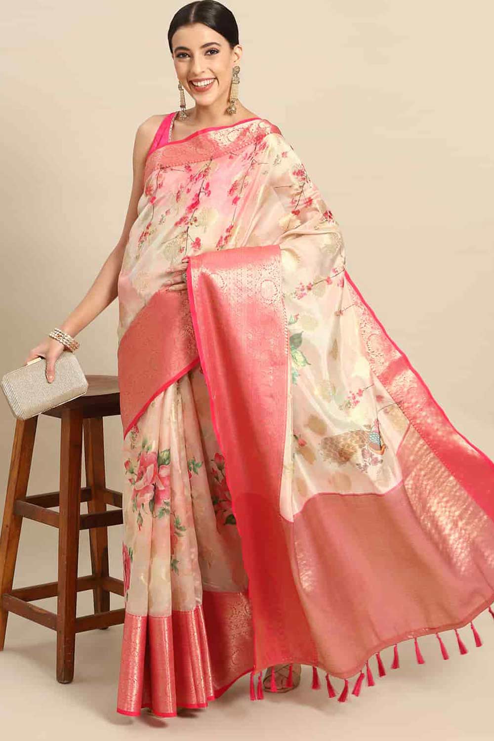 Buy Pink Soft Art Silk Floral Printed Banarasi Saree Online