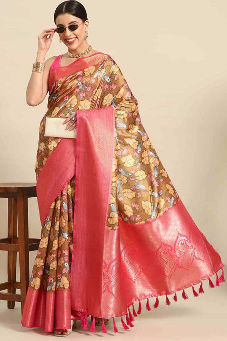 Buy Brown Soft Art Silk Kalamkari Printed Banarasi Saree Online