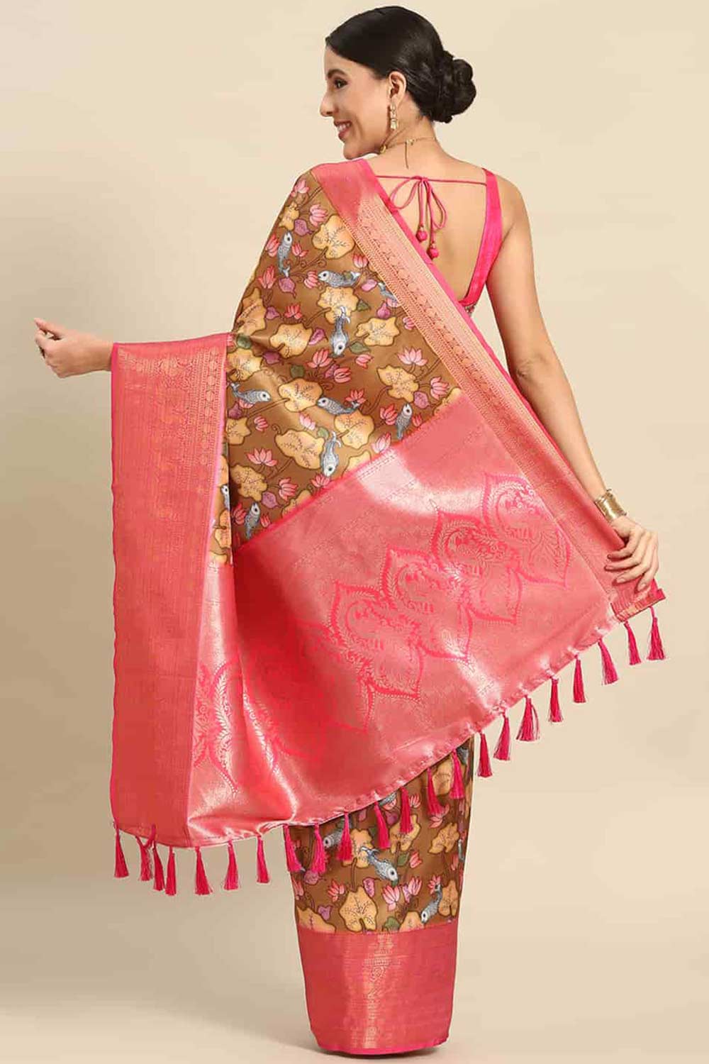 Buy Brown Soft Art Silk Kalamkari Printed Banarasi Saree Online