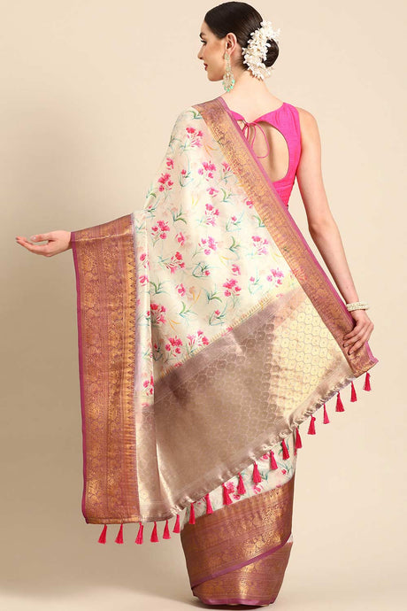 Beige Silk Printed Saree