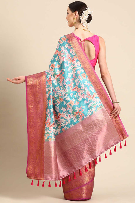 Teal Silk Printed Saree