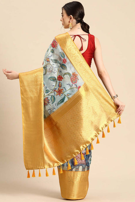 Sky Blue Muga Silk Floral Saree