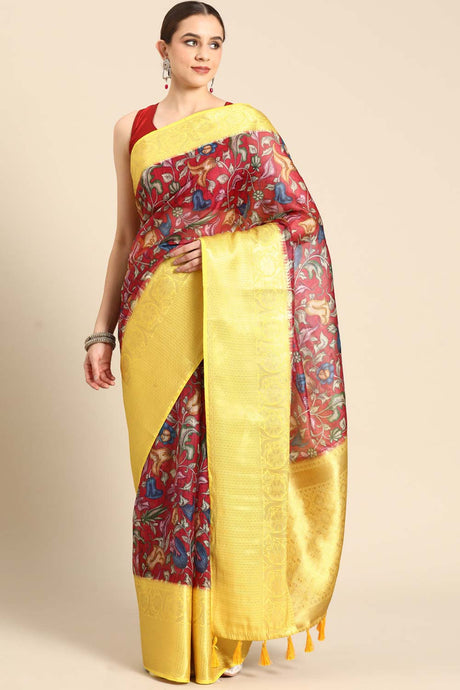 Maroon Pichwai Muga Silk Digital Print Saree With Unstitched Blouse Piece