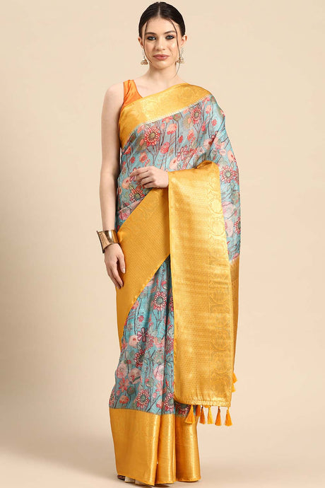 Teal Muga Silk Floral Saree