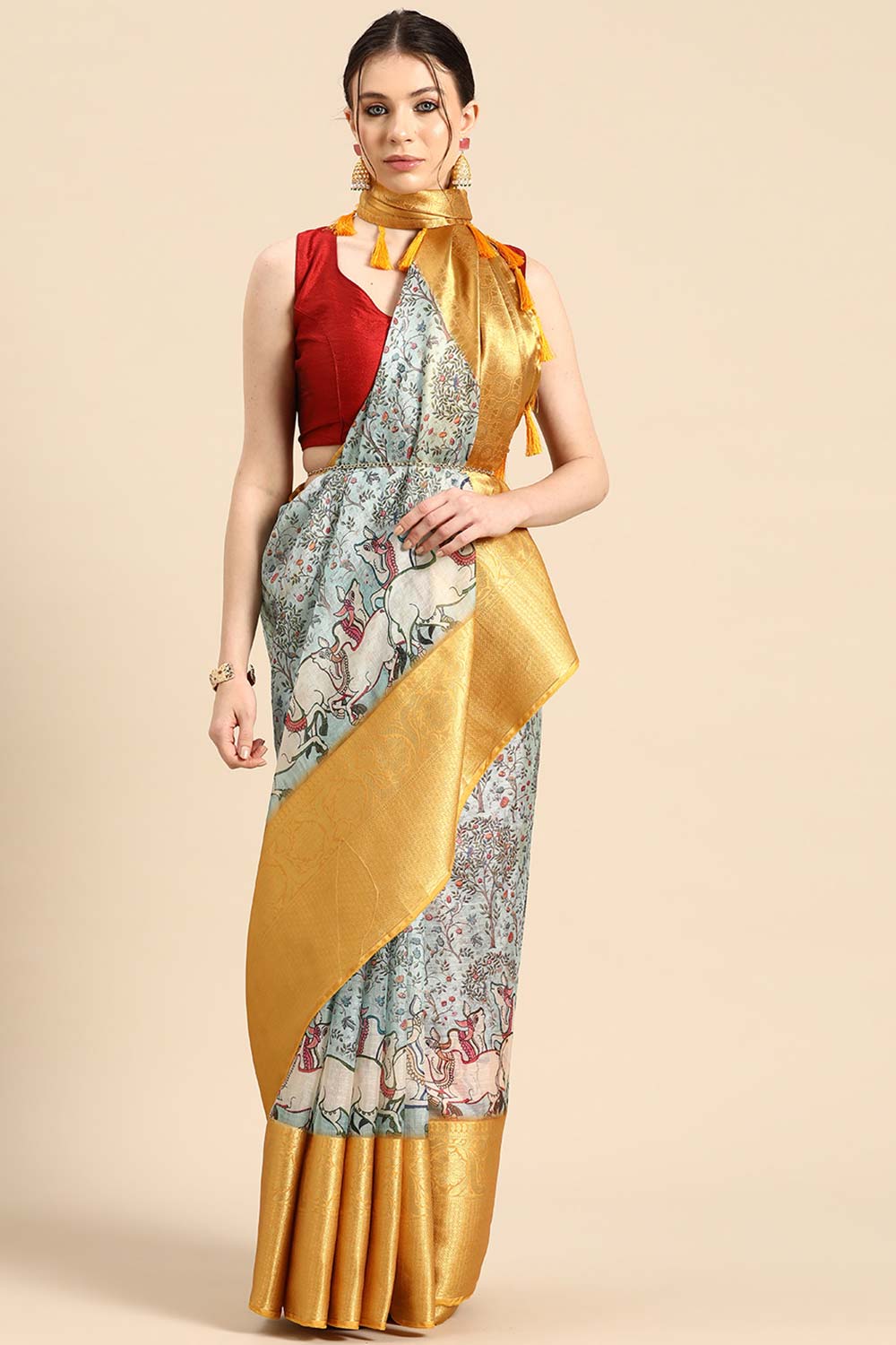 Grey Muga Silk Animal Print Saree