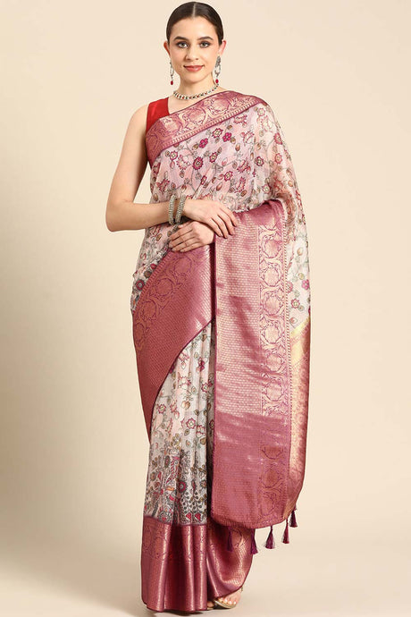 Beige Muga Silk Floral Saree