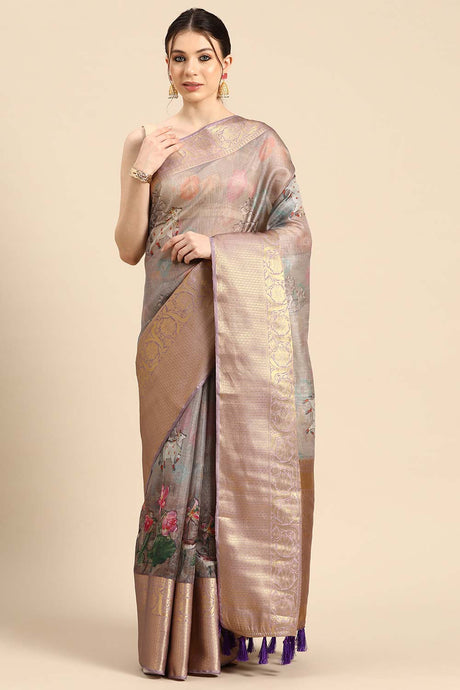 Grey Muga Silk Kalamkari Saree