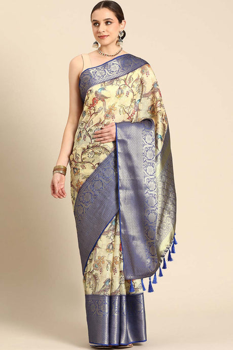 Beige Pichwai Muga Silk Digital Print Saree With Unstitched Blouse Piece