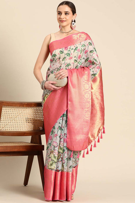 Beige Muga Silk Kalamkari Saree