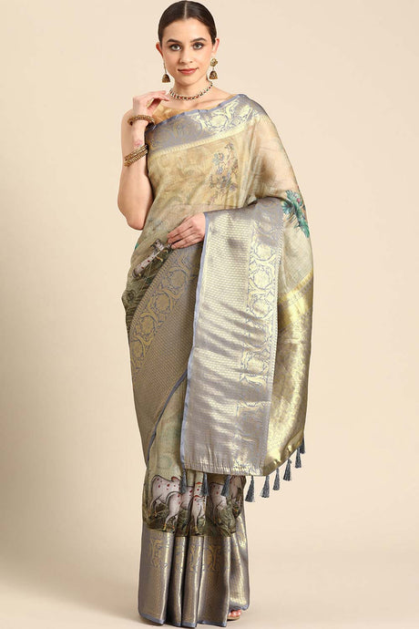 Cream Pichwai Muga Silk Digital Print Saree With Unstitched Blouse Piece