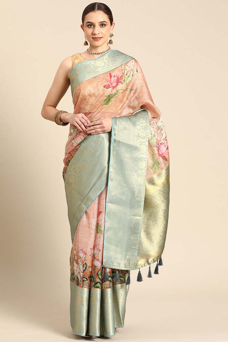 Peach Pichwai Muga Silk Digital Print Saree With Unstitched Blouse Piece