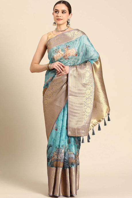 Teal Pichwai Muga Silk Digital Print Saree With Unstitched Blouse Piece